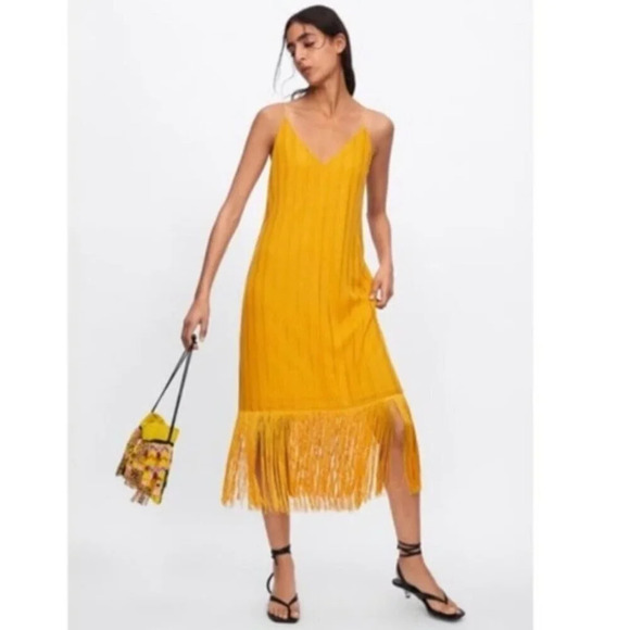 Zara Fringe Hem Midi Dress Marigold  Mustard Yellow Size Small - Picture 3 of 10